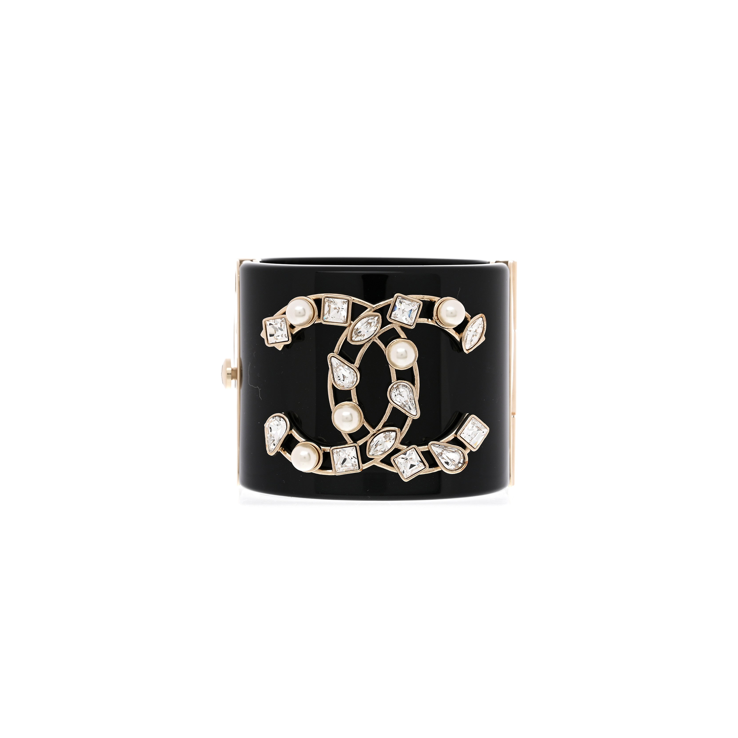 CHANEL RESIN CRYSTAL PEARL CC CUFF BLACK BRACELET 